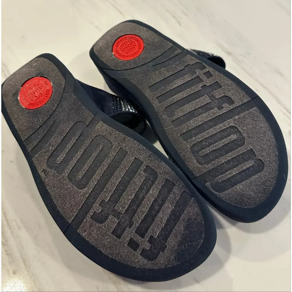 FitFlop Women’s Size 10 Navy Blue Rhinestone Crystal Two Strap Slide Sandals